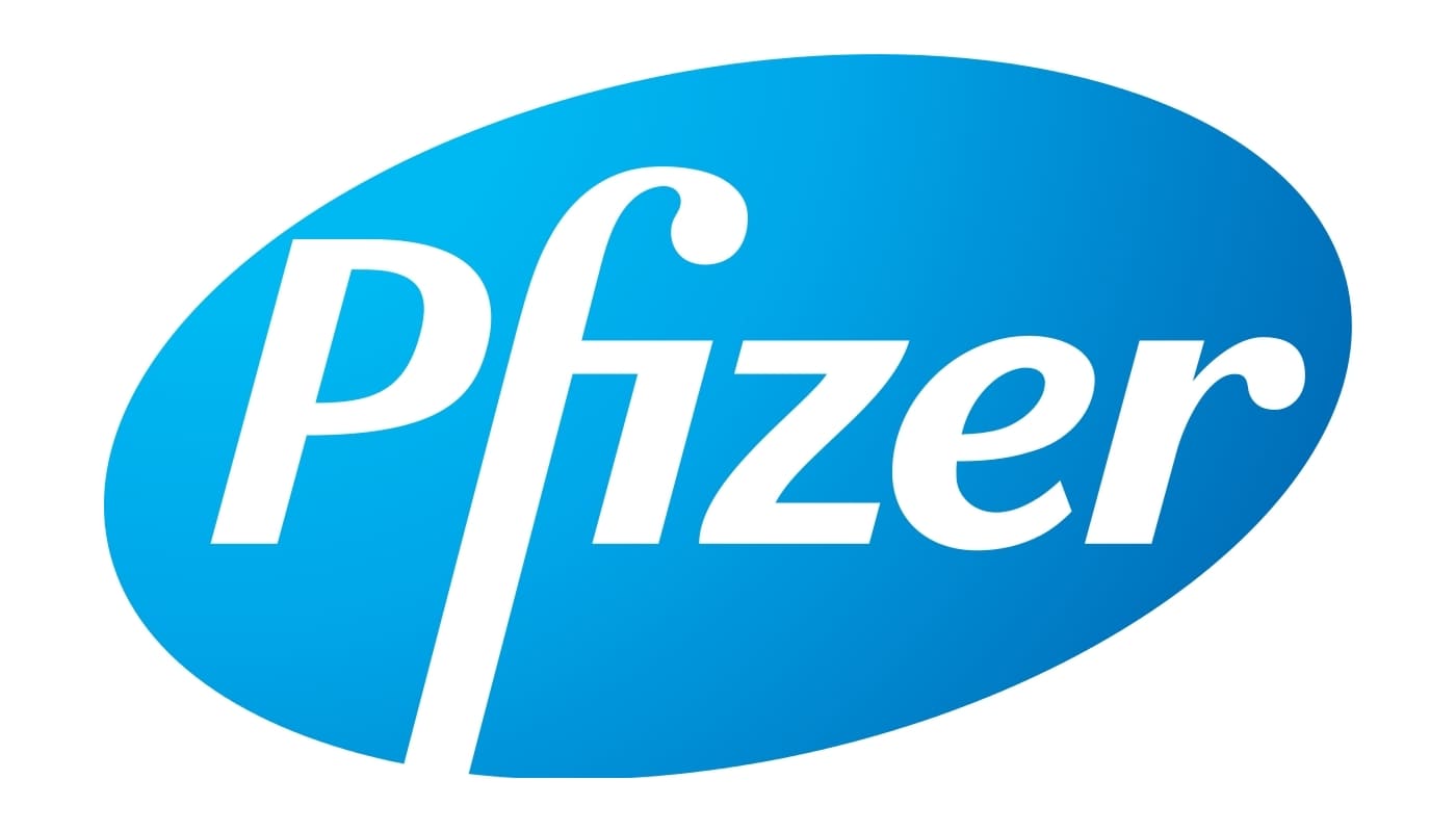 Pfizer text in a blue gradient oval