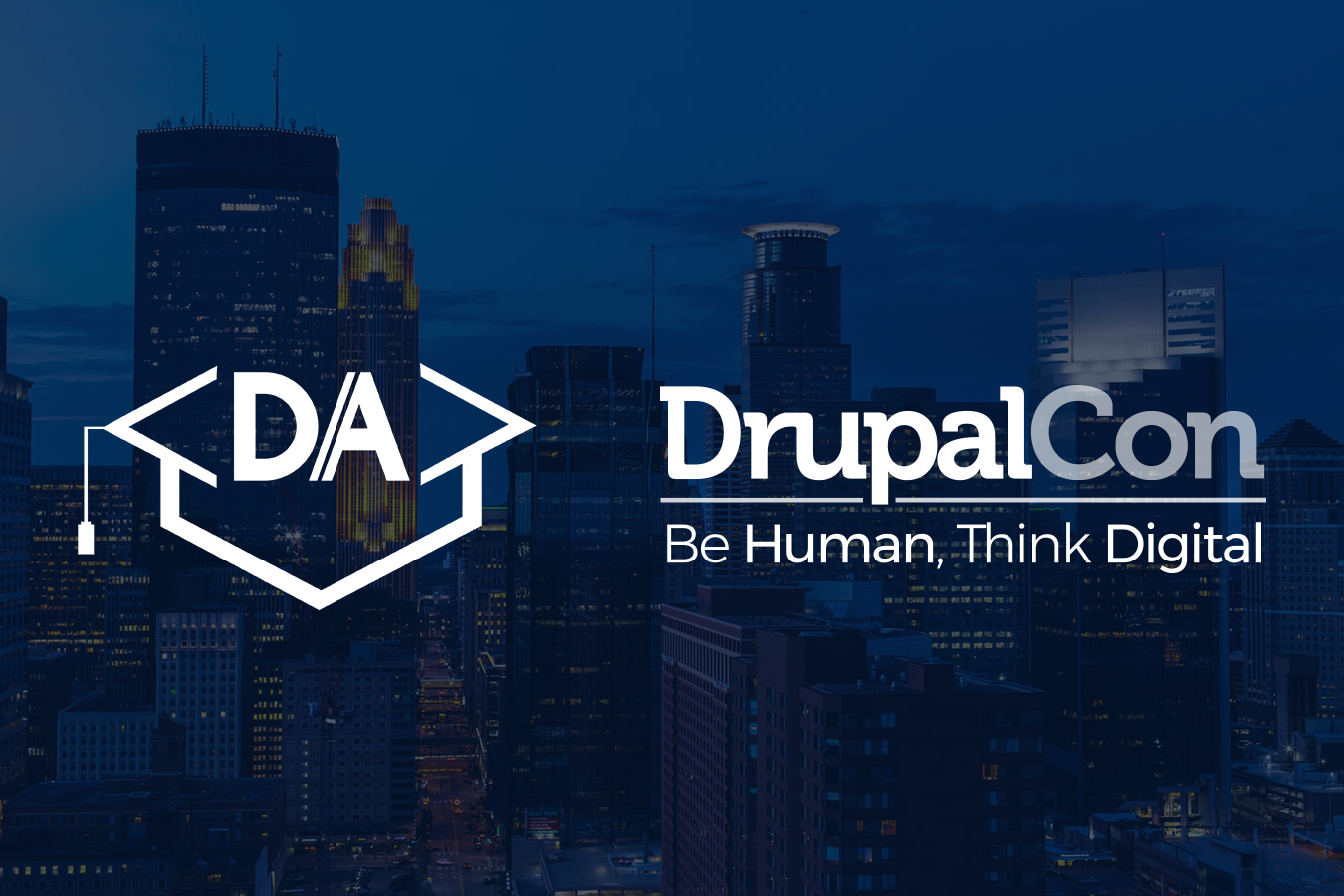 Debug Academy and DrupalCon logo overlooking Minneapolis Minnesota skyline